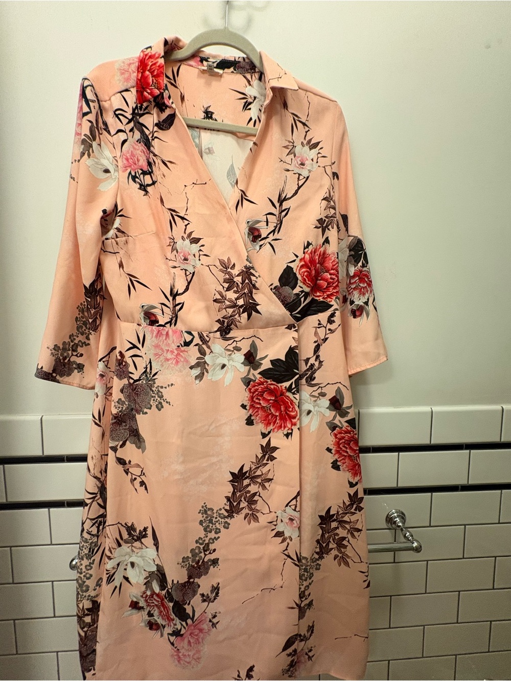Peach Floral Wrap-Style Midi Dress